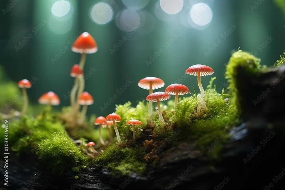 Poster tiny red mushrooms emerge from a bed of green moss creating a captivating miniature ecosystem in a s