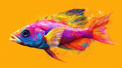 Fototapeta premium Vibrant Illustration of Colorful Fish Against Bright Yellow Background