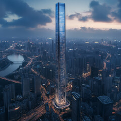 Ciekawe projekty drapaczy chmur - 0205 - Smukły szklany wieżowiec w nocy