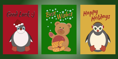 Set of Christmas red, green, yellow cards with different wishes. Vector illustration.Cute penguins and bear.