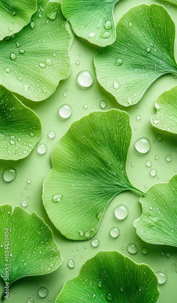 Poster fresh ginkgo leaves with sparkling water droplets creating a serene and natural pattern