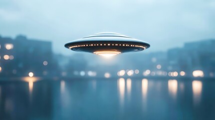 Two ufos hovering over city at sunset with bokeh lights