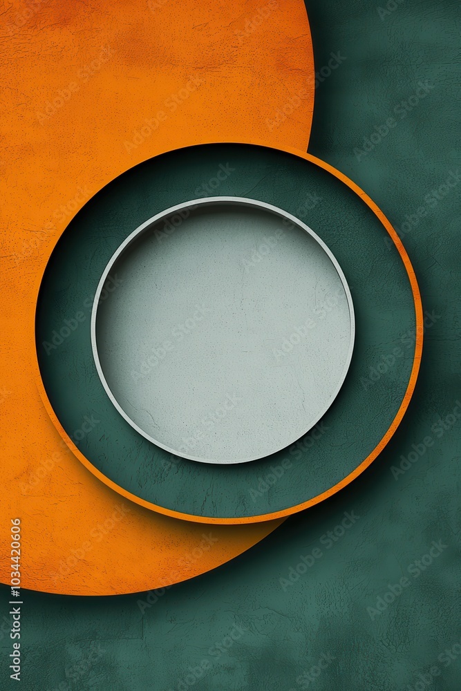 Poster abstract geometric composition with green and orange textured background featuring a circular frame 