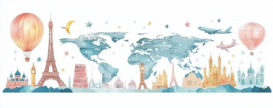 Illustration of global travel elements featuring iconic landmarks like Eiffel Tower and Big Ben with world map highlights