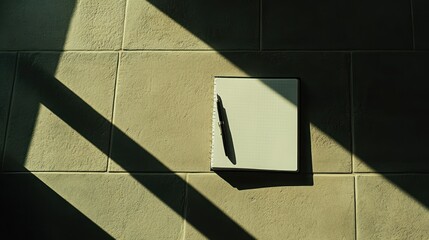Notebook and Pen Resting on a Tile Wall in Sunlight