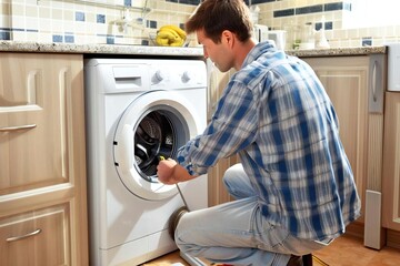 Full body photo of Hispanic man worker repairing washing machine in kitchen