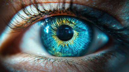 Human eye with blue iris. Macro. Beautiful woman eyeball with vision, cornea, pupil, eyelash, and eyebrow. Optical lens, eyesight, and reflection. One female person looking, watching, staring.