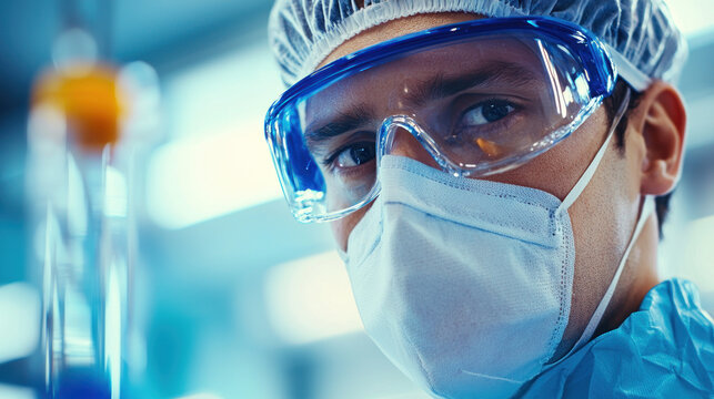 Portrait young male scientist working in laboratory. Medical background. Professional in coat standing with equipment. Pharmaceutical discovery and development. chemist examining chemical experiment.