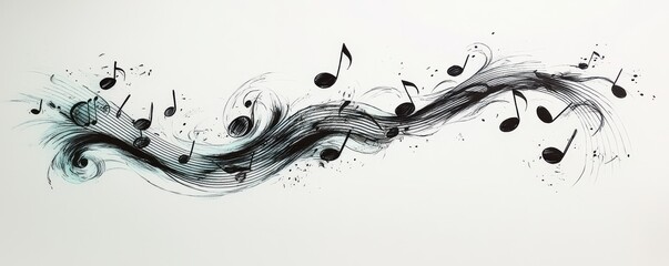 Artistic line drawing of musical notes forming a flowing tattoo design with intricate details and creative patterns