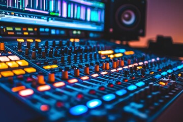 Close-up of a Professional Audio Mixing Console with Illuminated Buttons