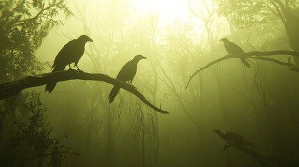 Eerie Gothic Halloween Scene of Foggy Forest with Raven Silhouettes - 3D Render Illustration