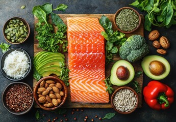 Array of fresh healthy foods including salmon, avocado, nuts, grains, and vegetables on a wooden board with vibrant colors
