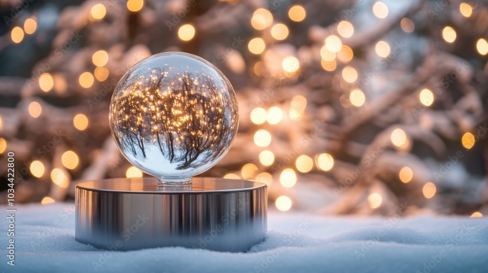 Poster a beautiful snow globe sits on a reflective surface, capturing a winter scene within. surrounding it