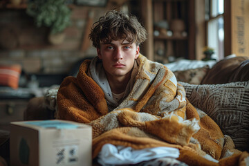 Fototapeta premium A young individual is sitting on a couch, wrapped in a warm blanket, looking pensively towards the camera in a homely living space during a cold afternoon.