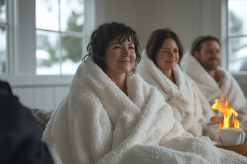 Cozy gathering of friends in warm blankets enjoying a relaxing moment by the fireplace on a snowy day