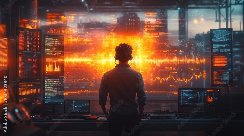 Poster cyberpunk hacker in control room