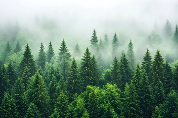 Fototapeta premium Mystical Forest Morning with Fog Over Evergreen Trees and Lush Green Canopy, Nature Serenity