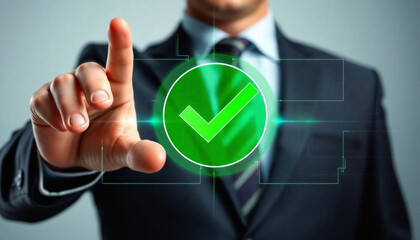 Businessman pressing button on touch screen interface with green check mark symbol. Selecting success in cyberspace, touching future of technology, pushing innovation concept on digital display.
