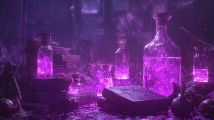 Enchanting Gothic Witch's Lair with Dark Spell Books and Bubbling Potions 3D Render for Halloween