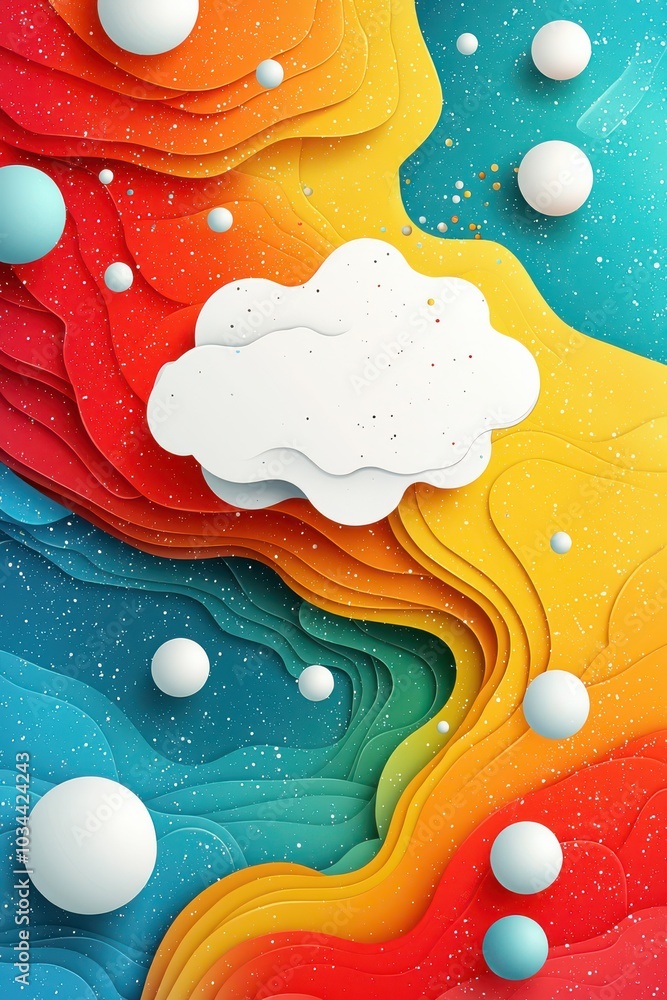 Poster vibrant abstract background with colorful layers and white spheres in a dynamic, flowing design