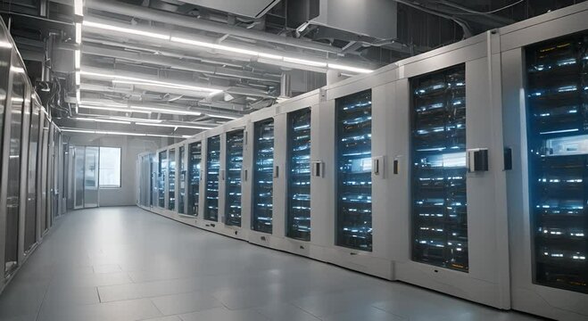 Detailed shot of a computer server room in a manufacturing facility highlighting the extensive use of AI and ML algorithms to use and optimize large amounts of production information
