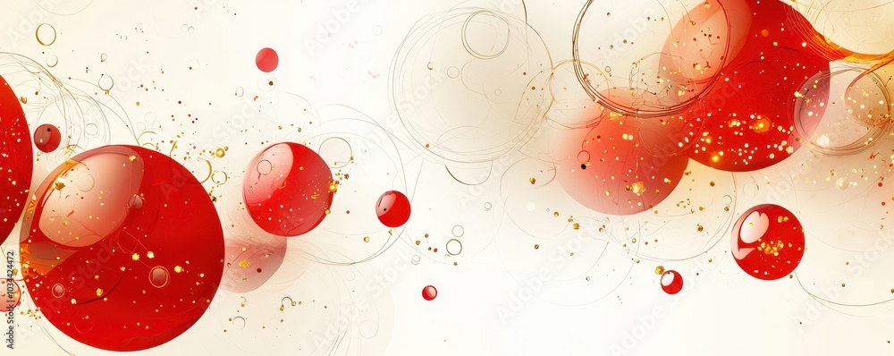 Aufkleber abstract graphic design featuring vibrant red and white bubbles with golden sparkles and circular pa