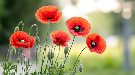 The lush green stems contrast beautifully with the vivid red flowers, all set against a blurred backdrop that enhances their beauty.