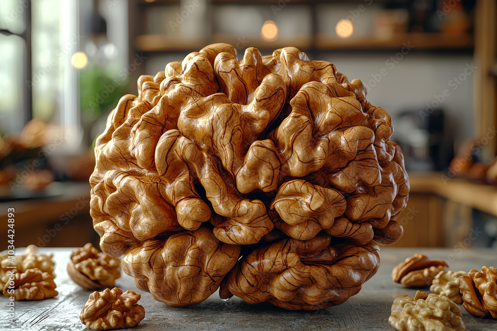 Poster a brain made of walnuts, symbolizing the connection between nuts and brain health. concept of cognit