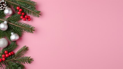 Pine Branches with Red Berries, White Ornaments on Pink Background, Minimalist Christmas Composition with Copy Space for Holiday Cards