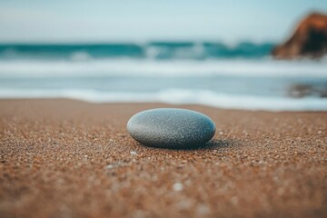 A Single Smooth Grey Pebble on a Sandy Beach with a Blurry Background of Ocean Waves