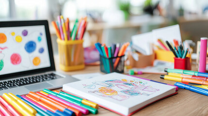 A tabletop laden with colorful markers, sketchbooks, and a laptop open to a concept art project, with a blurred background featuring an organized art studio.