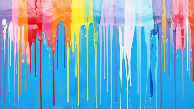 Colorful paint drips on blue canvas background. Abstract acrylic painting. Rainbow colors. Art studio and creative workshop concept. Art therapy