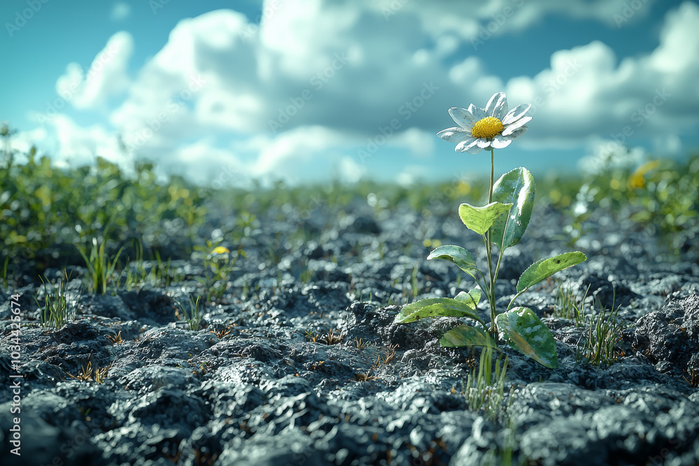 Wall mural A barren field suddenly sprouting plants, symbolizing the emergence of life from nothingness. Concept of natural creation.