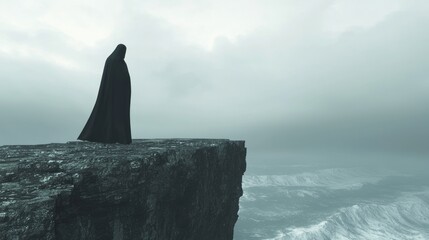 Gothic Halloween Horror: Shadowy Figure on Cliff Overlooking Turbulent Sea 3D Rendering