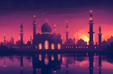 Majestic Mosque Silhouette Illuminated by Stunning Sunset, Reflecting Serenity and Calmness