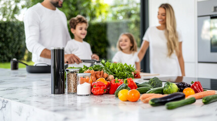 A stylish, high-end kitchen where a mixed-race family is preparing dinner together, with vibrant vegetables and ingredients laid out on the countertop