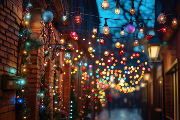 Vibrant string lights illuminate a charming alleyway during evening hours in a festive atmosphere