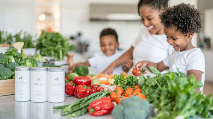 A stylish, high-end kitchen where a mixed-race family is preparing dinner together, with vibrant vegetables and ingredients laid out on the countertop