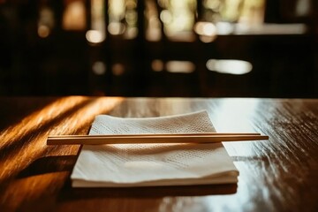 Wooden Chopsticks Resting on a White Napkin on a Wooden Table