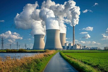 Power Plant with Cooling Towers and Smoke Plumes Against Blue Sky with White Clouds