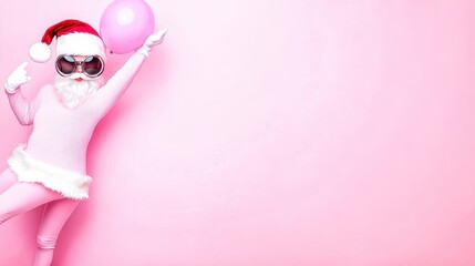 Child wearing pink santa costume posing with balloon on pink background