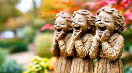 Obraz premium Three stone garden statues laughing together outdoors