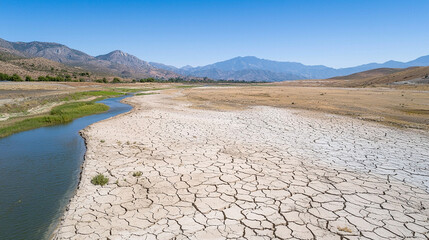 An aerial shot of a parched landscape cracked by drought, with a small river winding through the dry terrain.