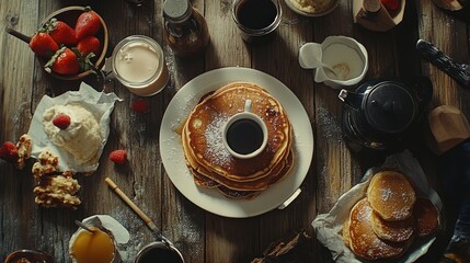 A Rustic Tabletop Spread with Pancakes, Coffee, and Strawberries