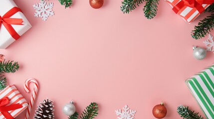 Christmas Flat Lay with Gifts, Ornaments, Candy Cane, Pine Branches, Snowflakes on Pink Background, Minimal Festive Layout with Copy Space for Holiday Designs