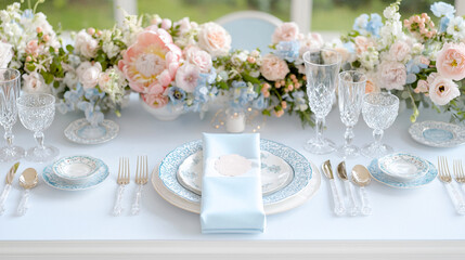 An exquisite table setting for a wedding reception featuring fine china, crystal glassware, and elegantly folded napkins, surrounded by beautiful floral centerpieces. 