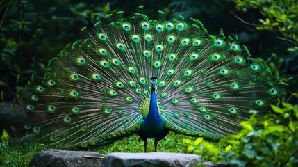 Obraz premium Beautiful peacock displaying its magnificent tail feathers