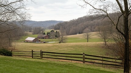 Rural Landscape with Wooden Fence and Farm Buildings