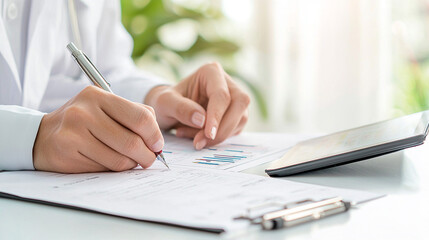 A close-up shot of a business professional analyzing financial charts and graphs on a digital tablet, set against a clean and minimalistic desk background. 