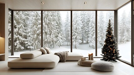 Modern Scandinavian living room during winter with a christmas tree